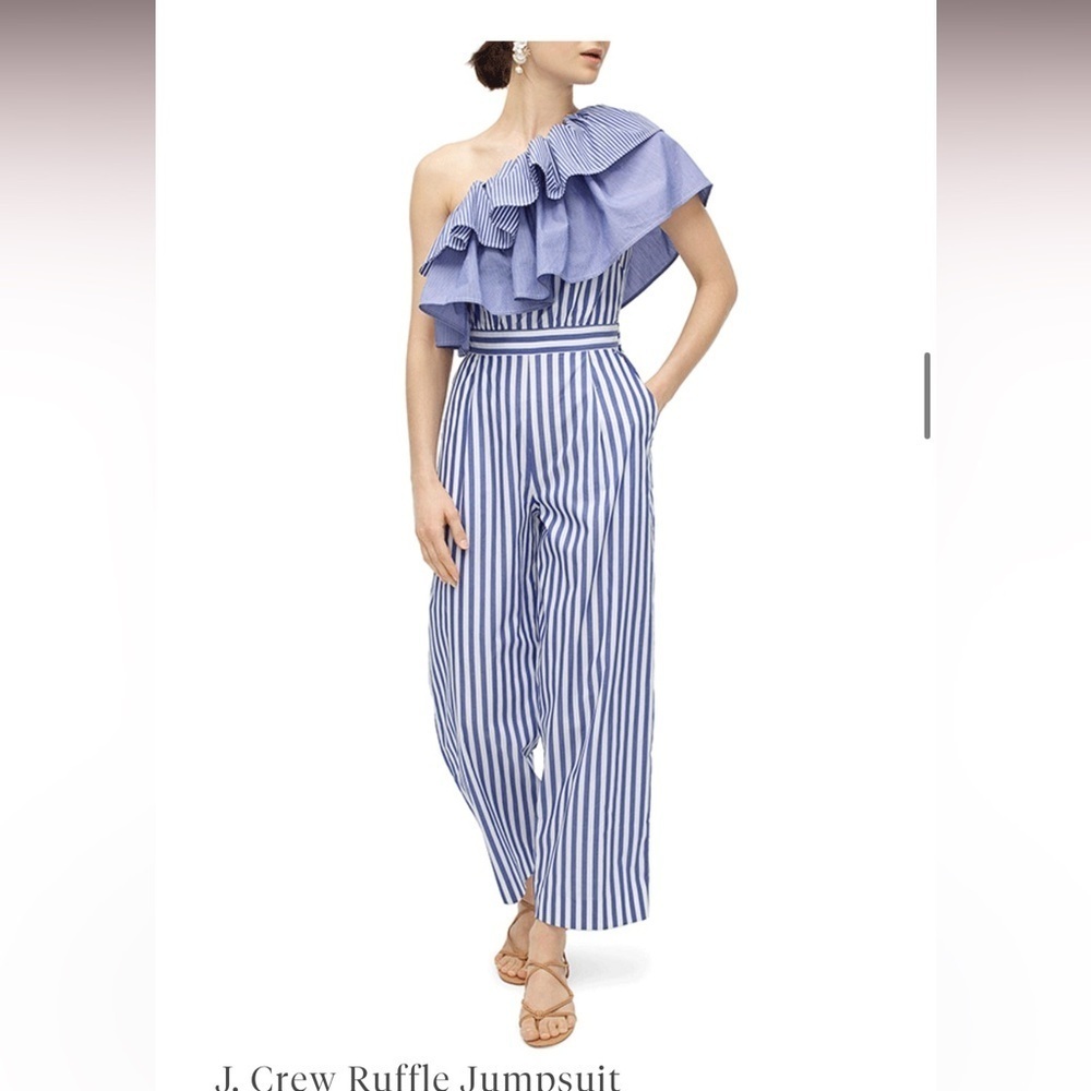 J.Crew blue and white striped ruffle one shoulder jumpsuit size 14